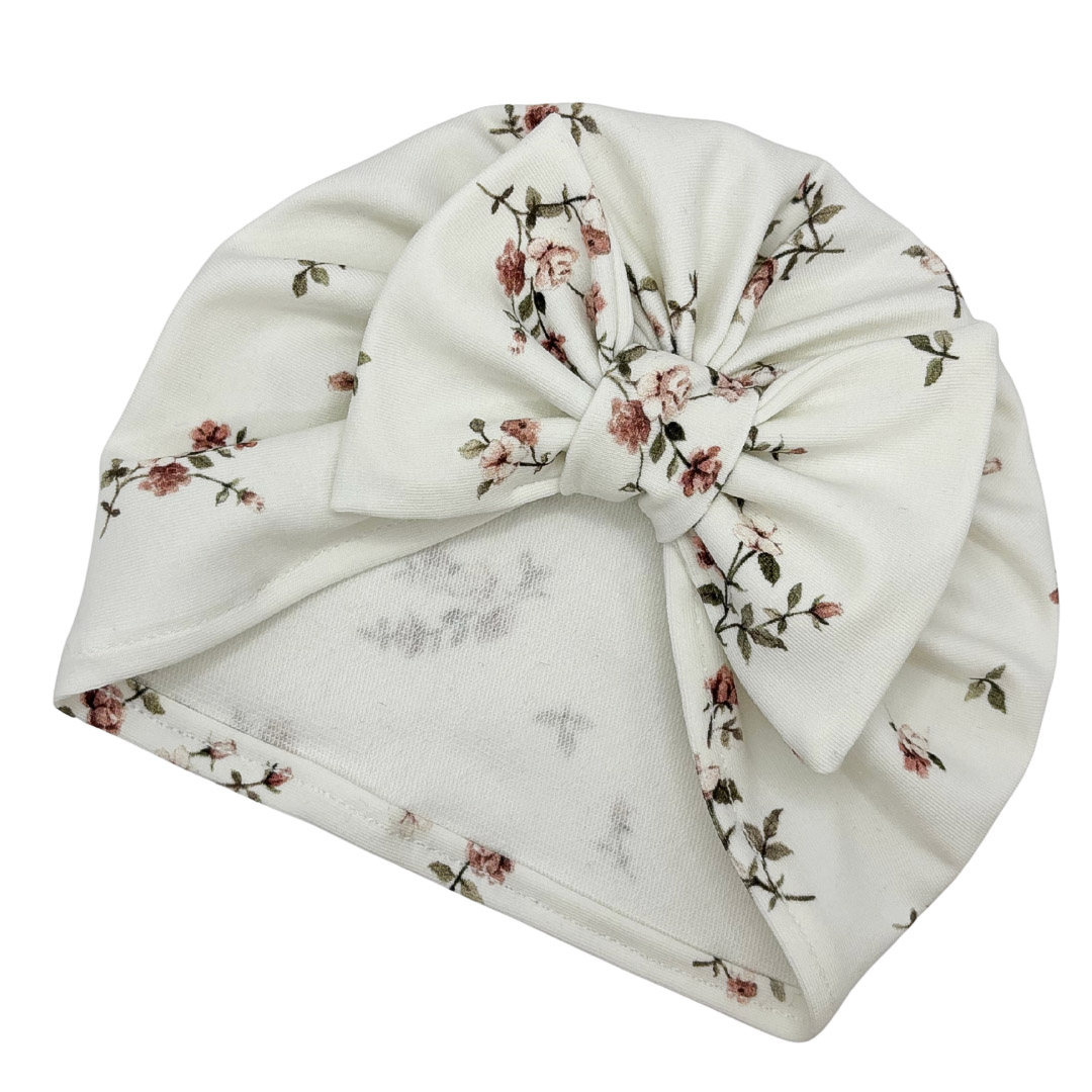 Czapka turban - kokarda - ecru w drobne kwiatuszki