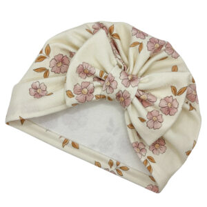 Czapka turban - kokarda - kremowa w kwiatuszki
