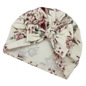 Czapka turban - kokarda - śmietankowa w kwiaty