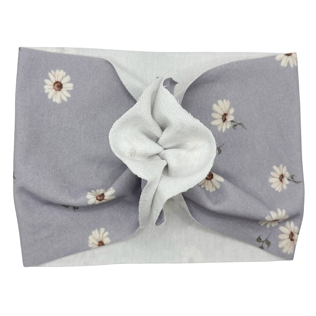 Opaska turban - motylek - fioletowa w stokrotki