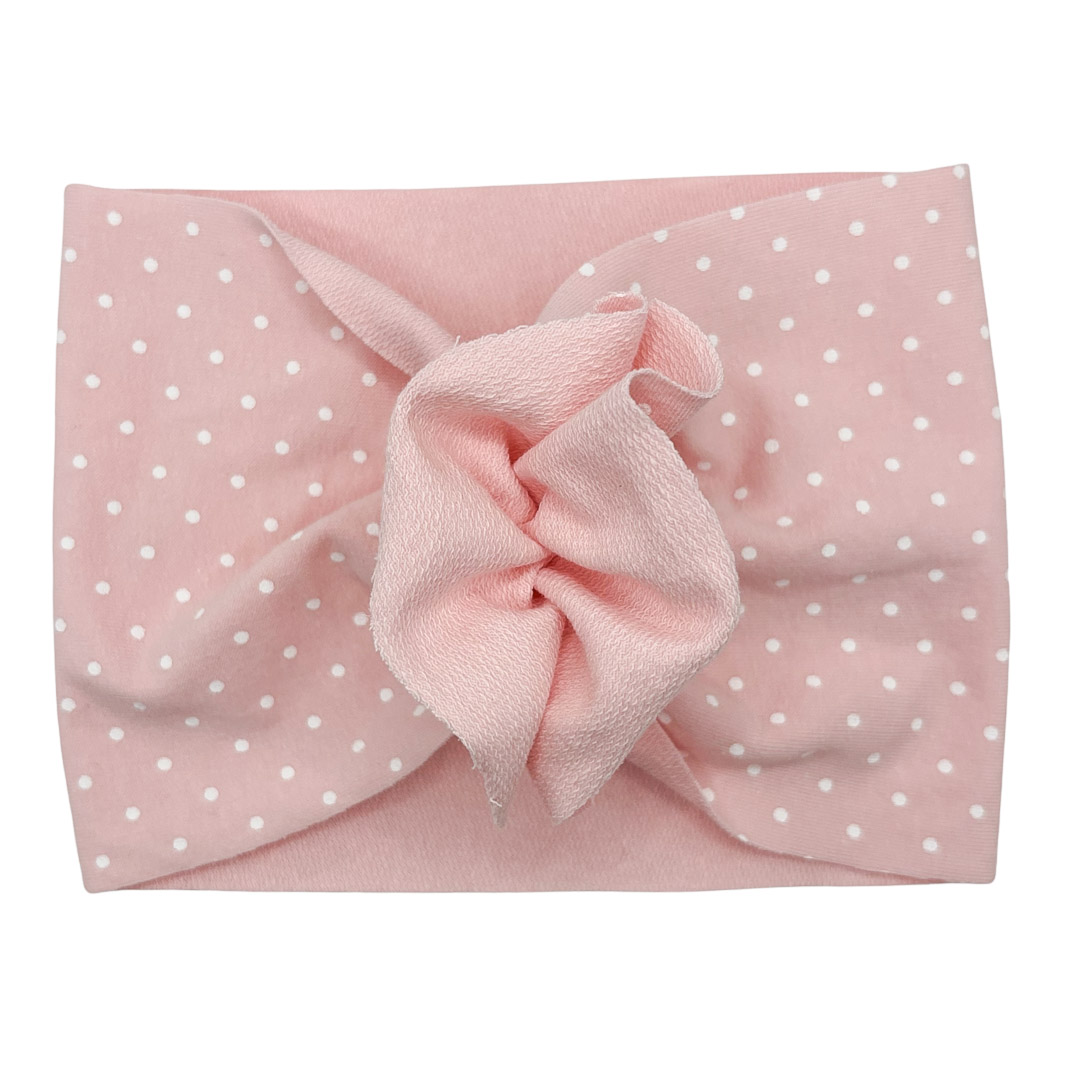 Opaska turban - motylek - jasny róż w groszki
