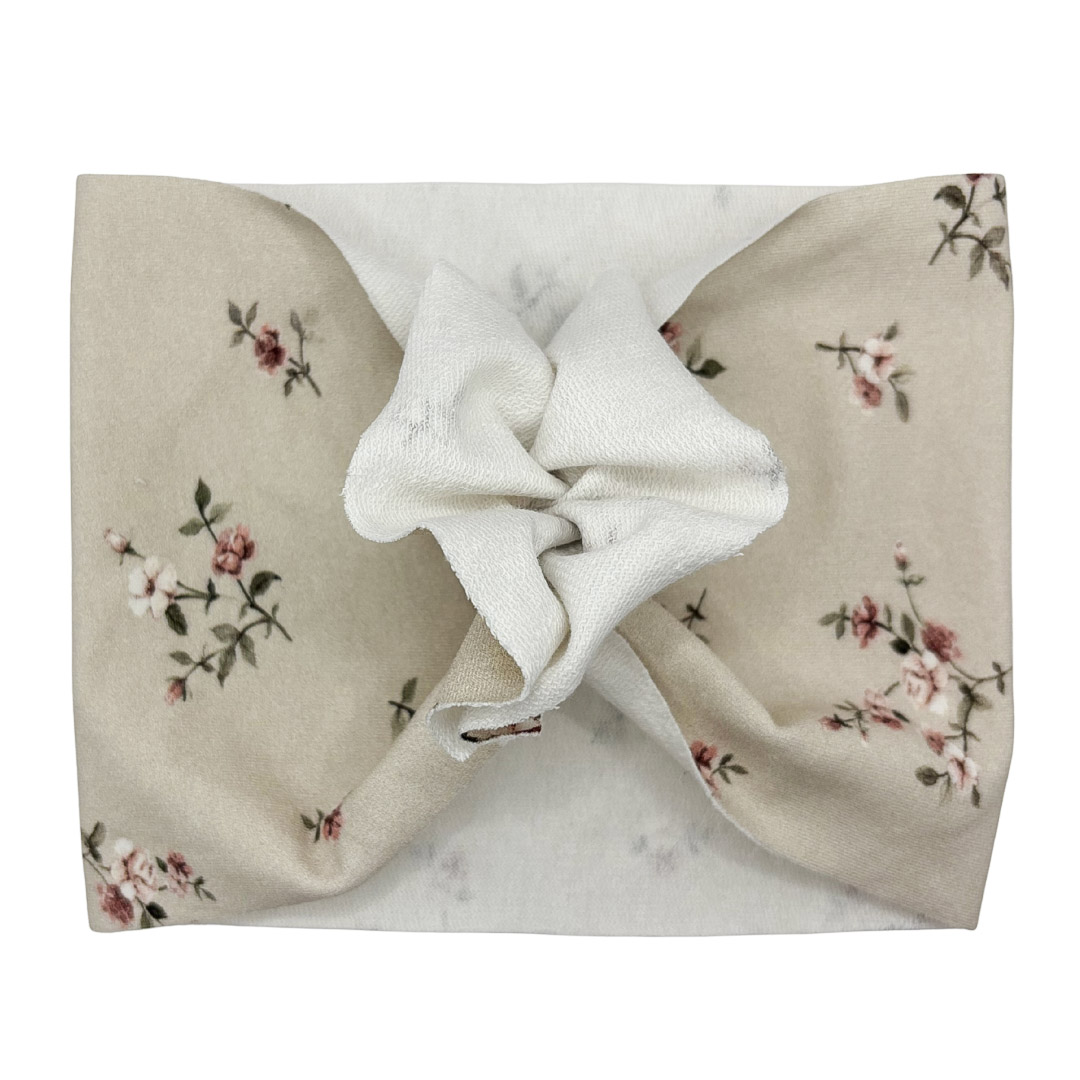 Opaska turban - motylek - beżowa w drobne kwiatuszki