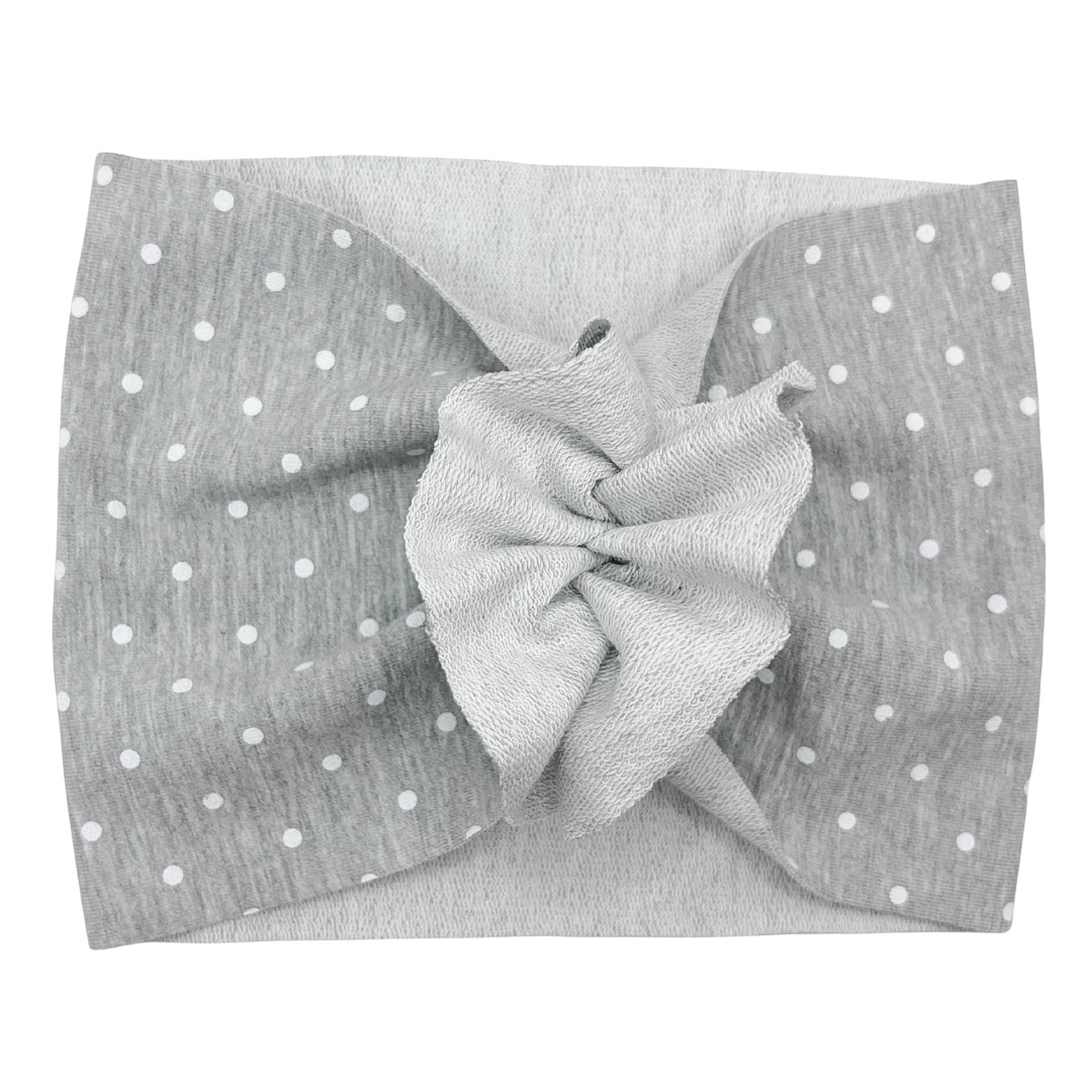 Opaska turban - motylek - szara w groszki