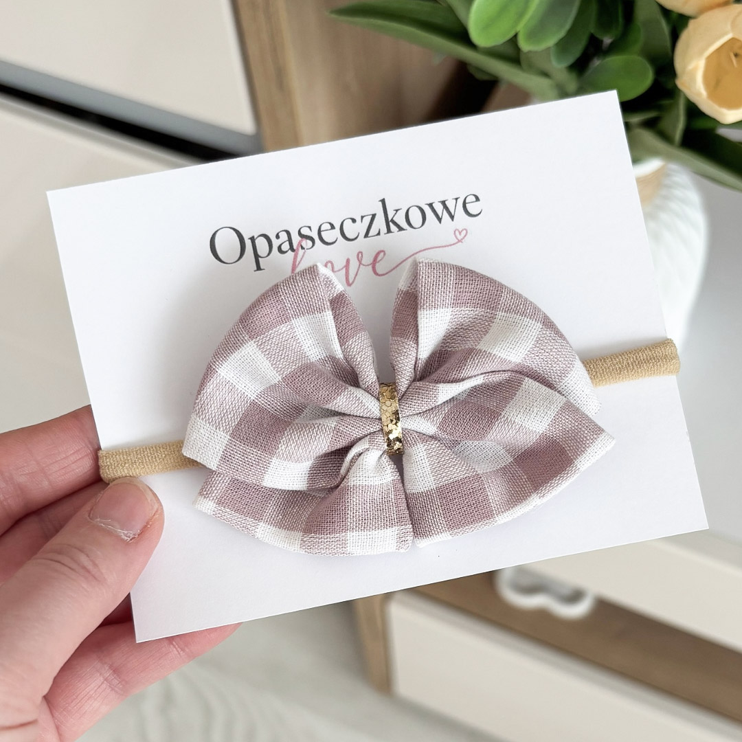 Kokardka Lili – opaska dla dziewczynki kratka biała - brudny róż